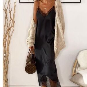 Vintage MIDI Length Plus Size Full Slip Dress Gown Black Lace Nightie